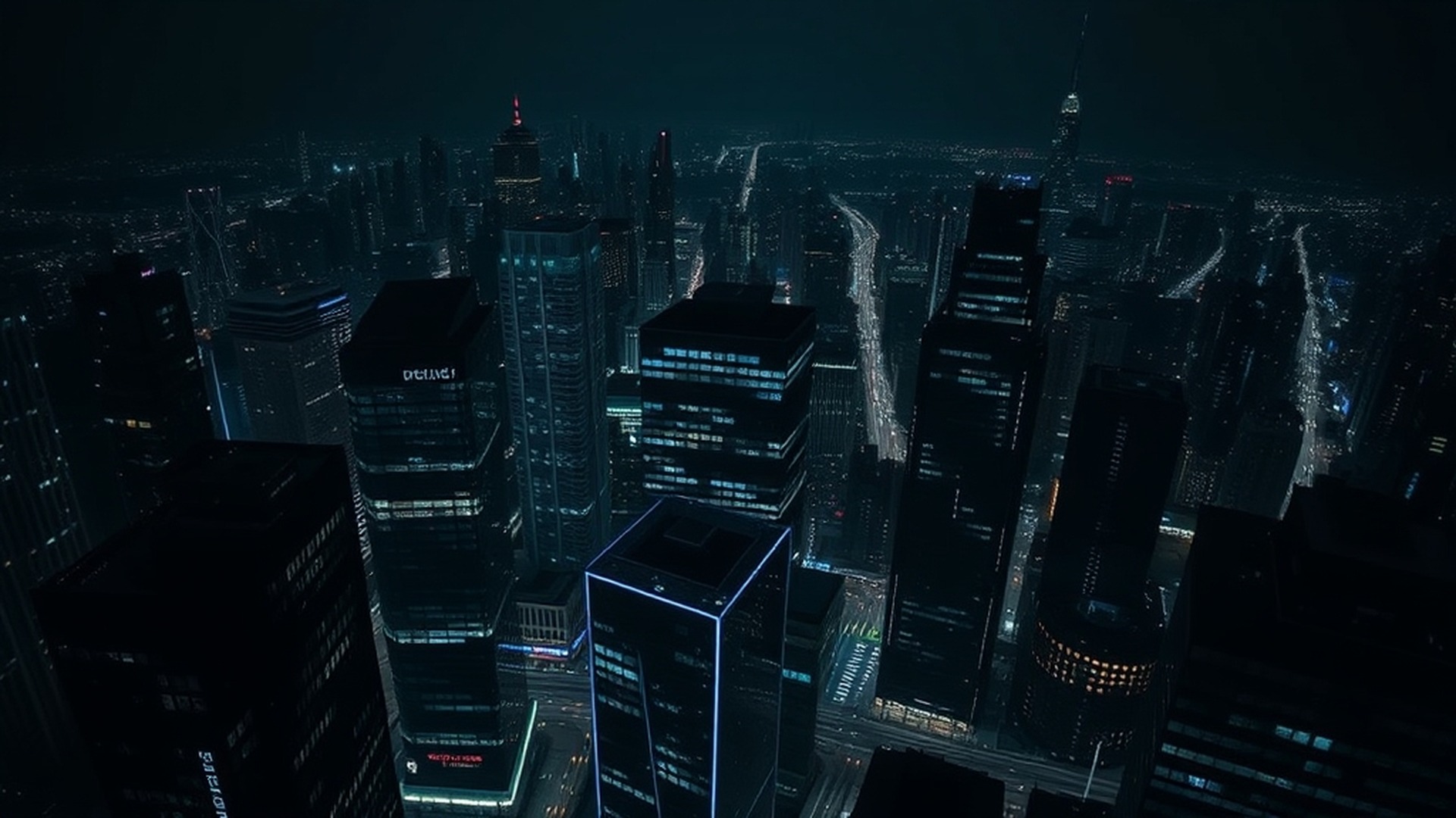 Corporate district cityscape at night