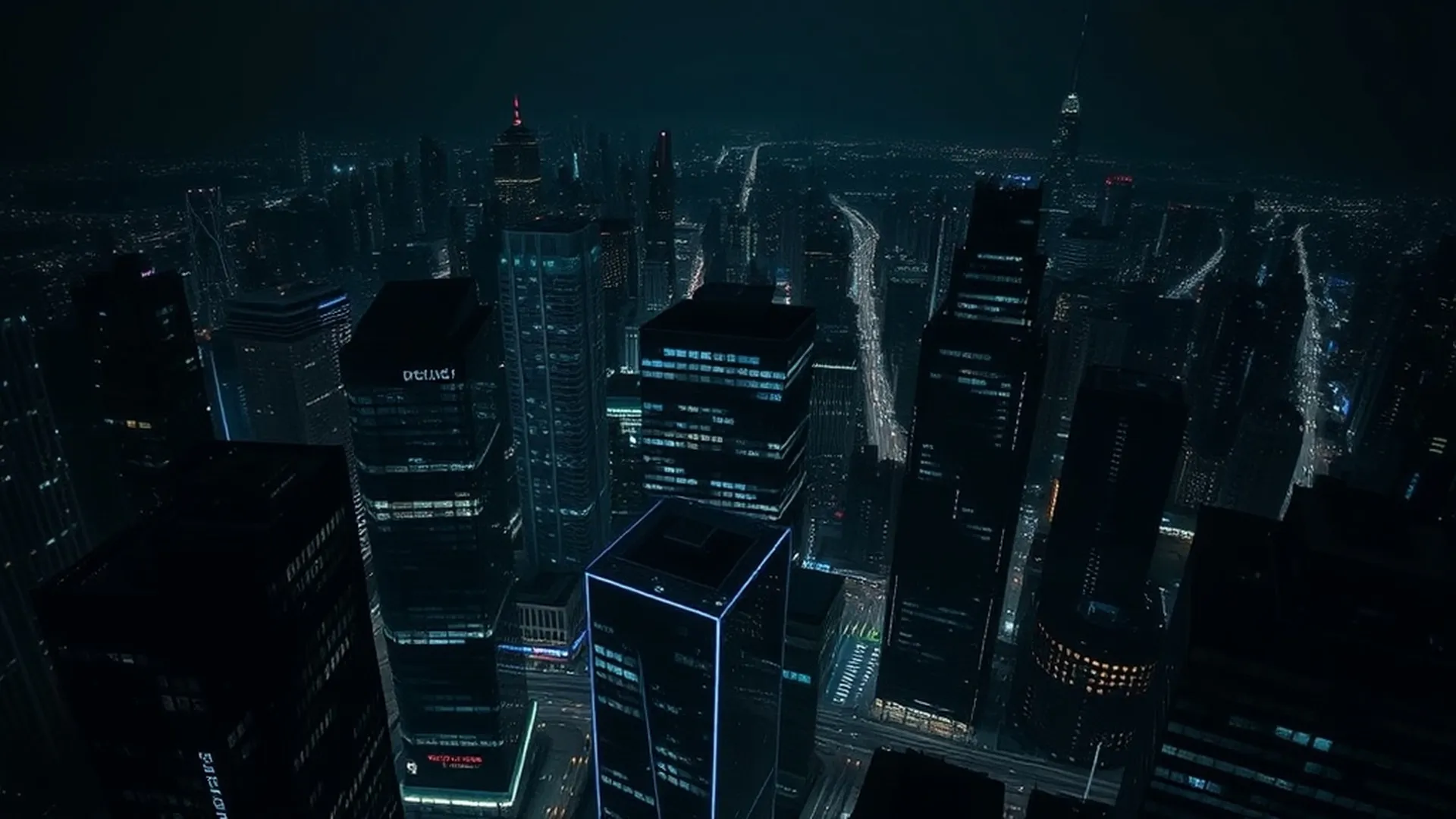 Corporate district cityscape at night