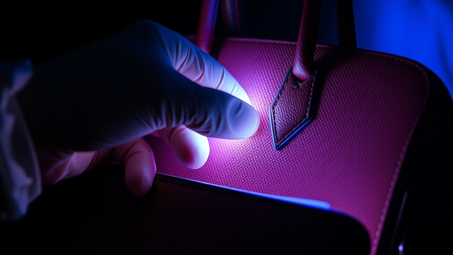 Forensic inspection of luxury handbag under UV light
