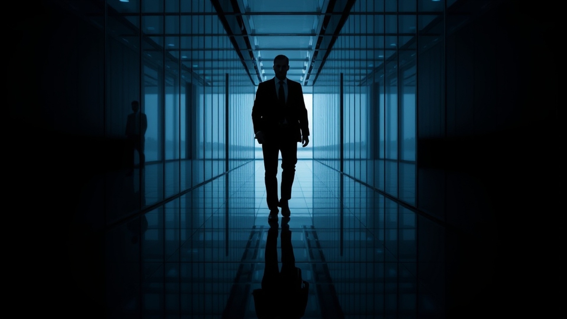 Executive silhouette in corporate corridor