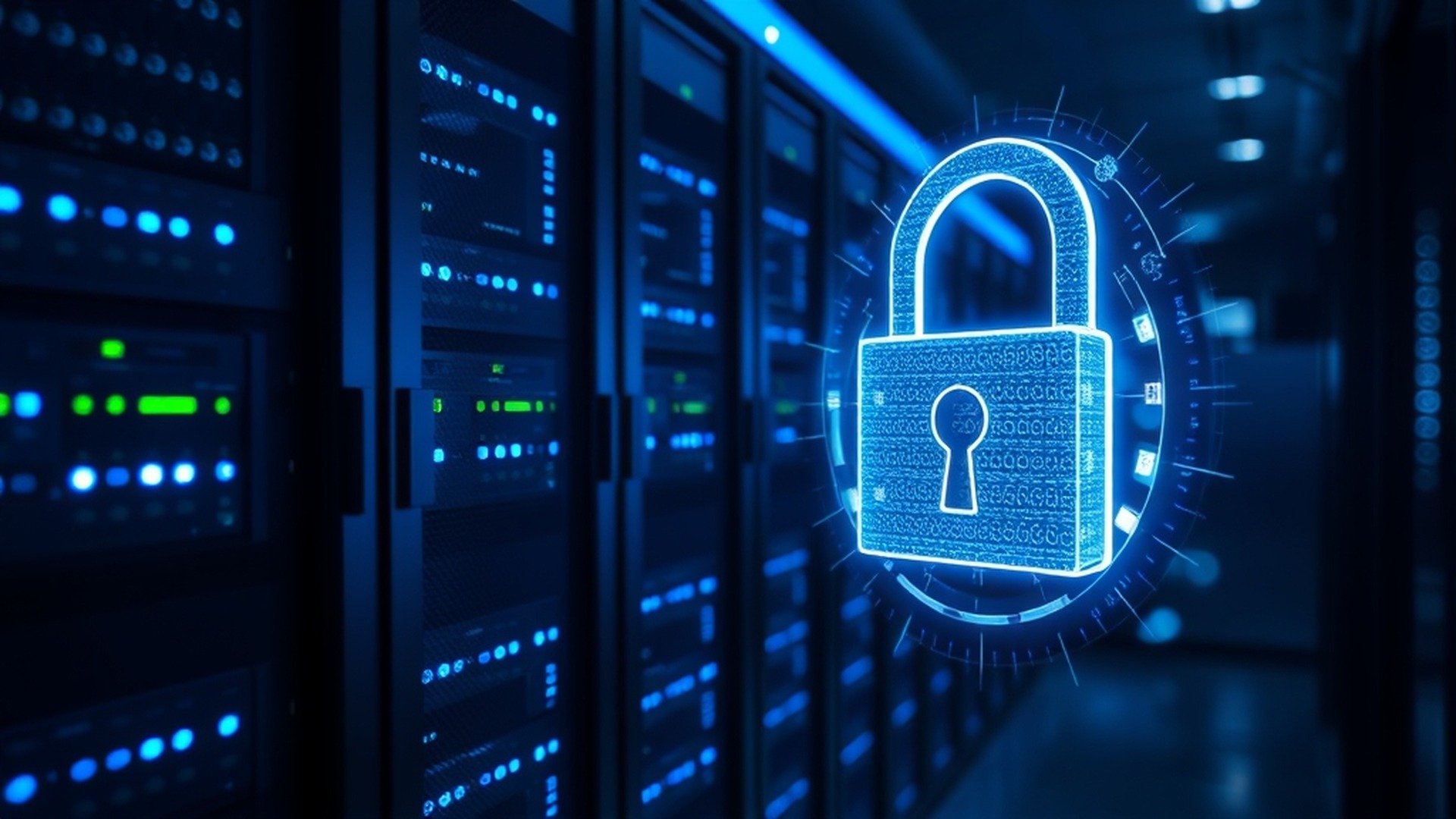 Server rack with security padlock hologram