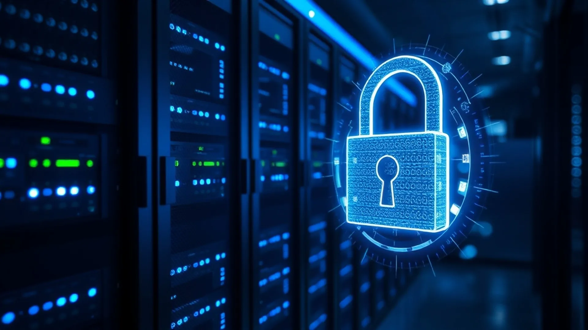 Server rack with security padlock hologram